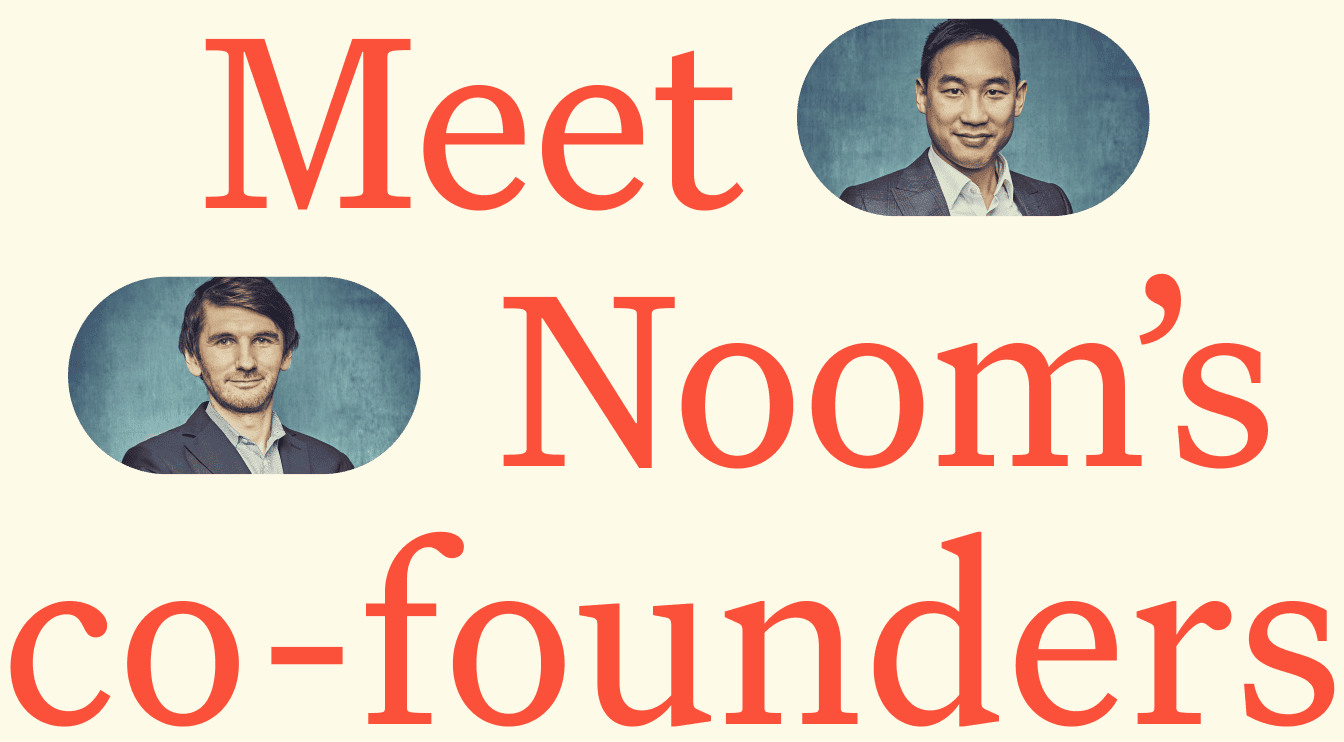 Noom co-founders Saeju Jeong and Artem Petakov in an illustrated company graphic