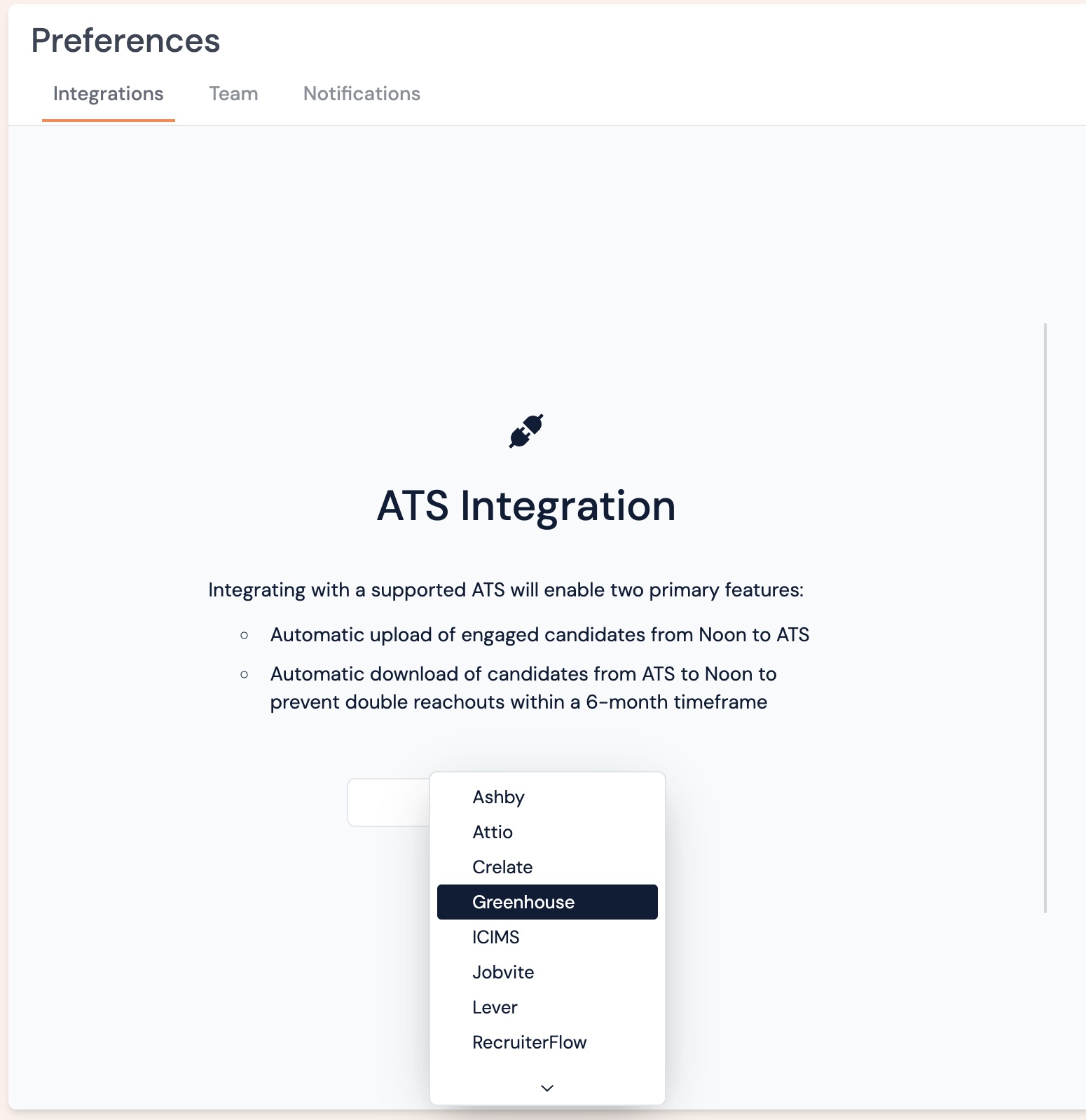 Noon’s ATS integration preferences with Greenhouse selected in a provider menu
