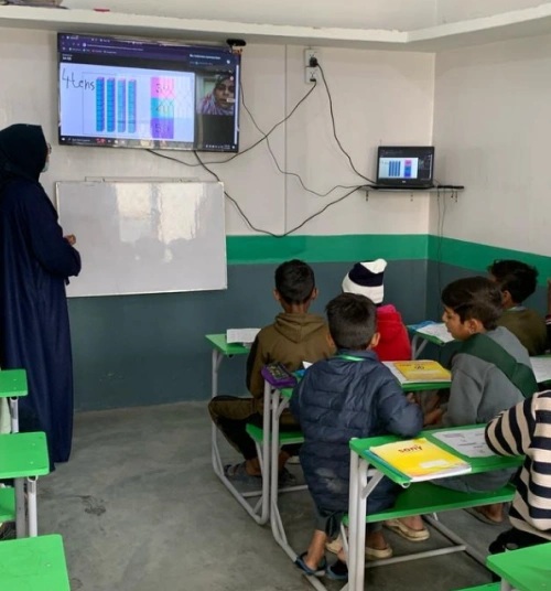 Students in a Noon classroom watch a remote teacher while an adult stands beside the screen
