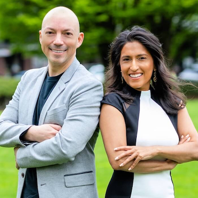Supportbench co-founders Eric Klimuk, left, and Nooshin Alibhai, right, standing outdoors.
