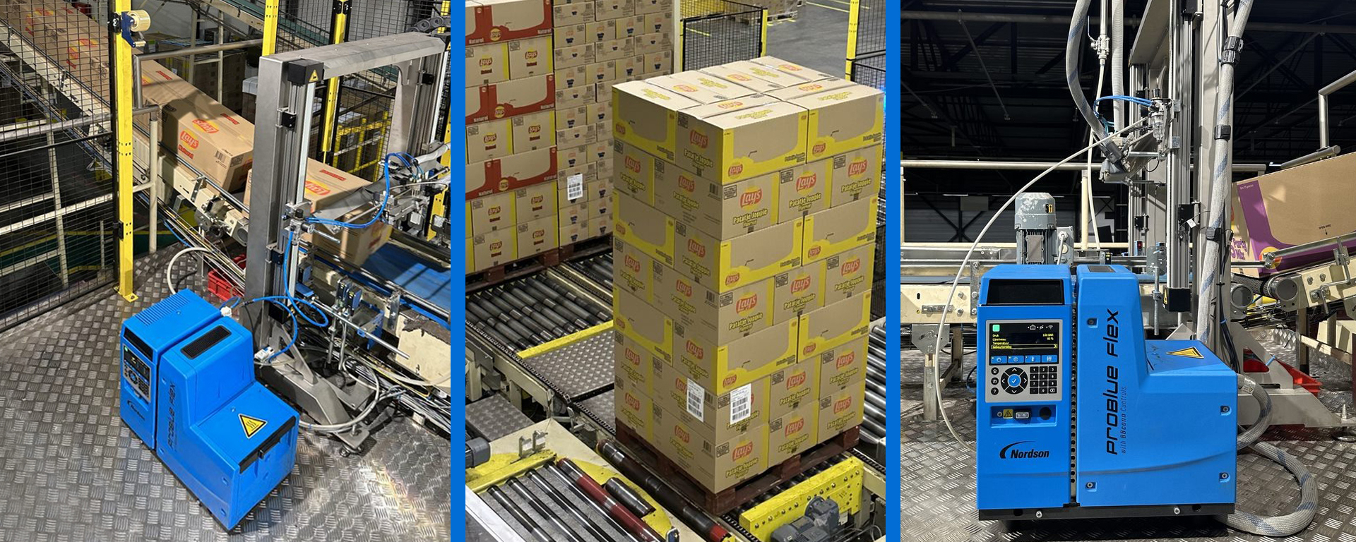 Three views of PepsiCo’s carton palletizing line and blue Nordson hot-melt equipment