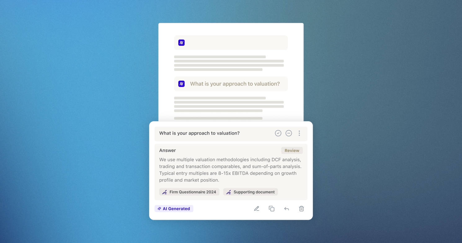 Norm Ai DDQ product illustration with a draft response and links to supporting documents
