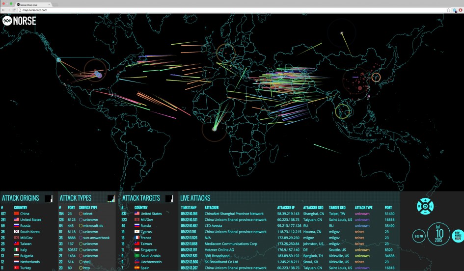 Historical screenshot of the Norse cyberattack map with bright paths over a dark world map