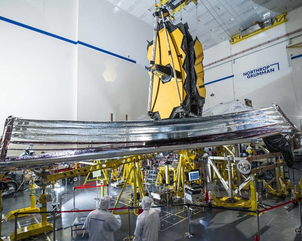 Webb’s reflective sunshield stretched out during its final deployment test at Northrop Grumman