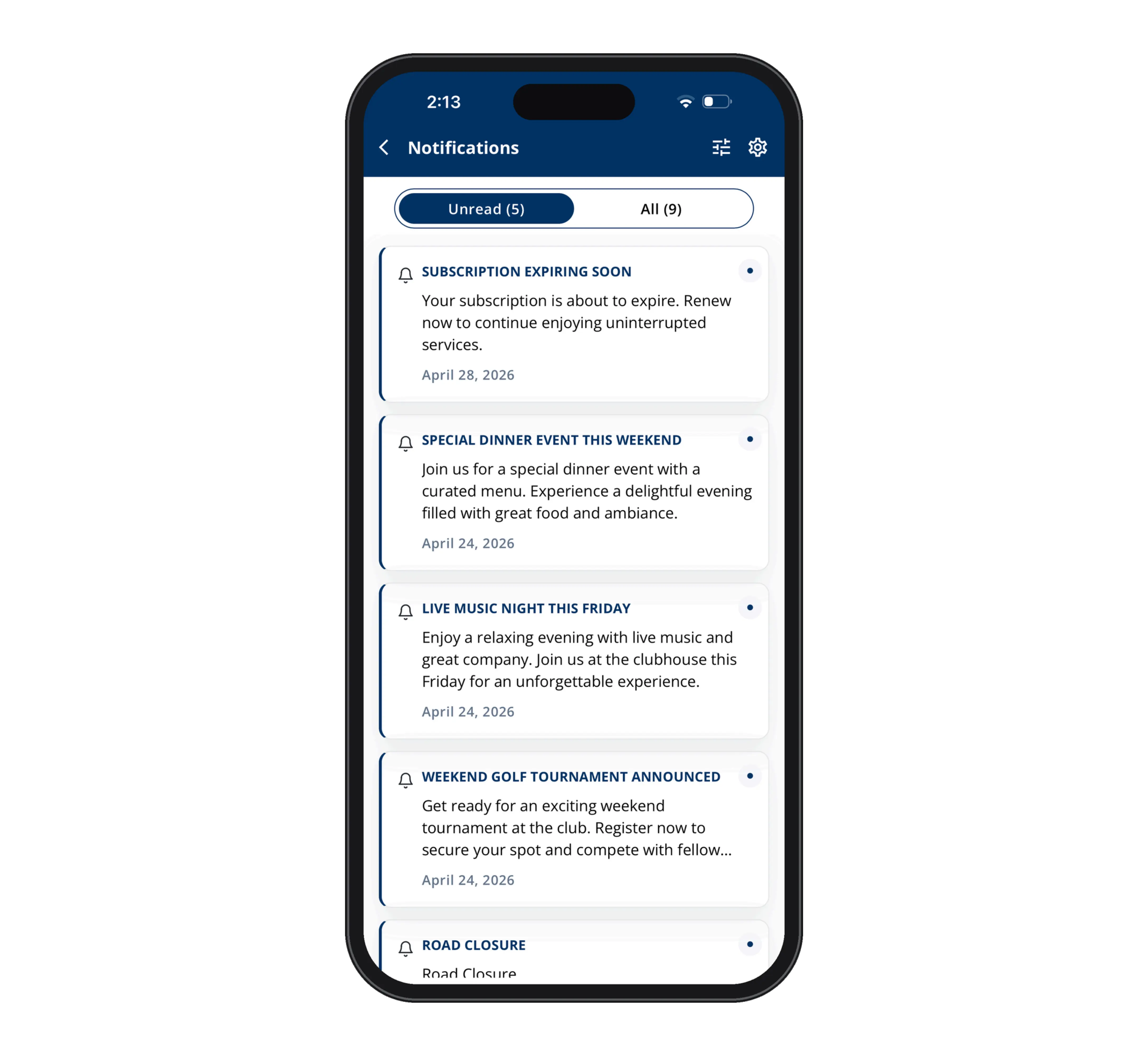 ClubNow 3.0 product mockup showing member notifications
