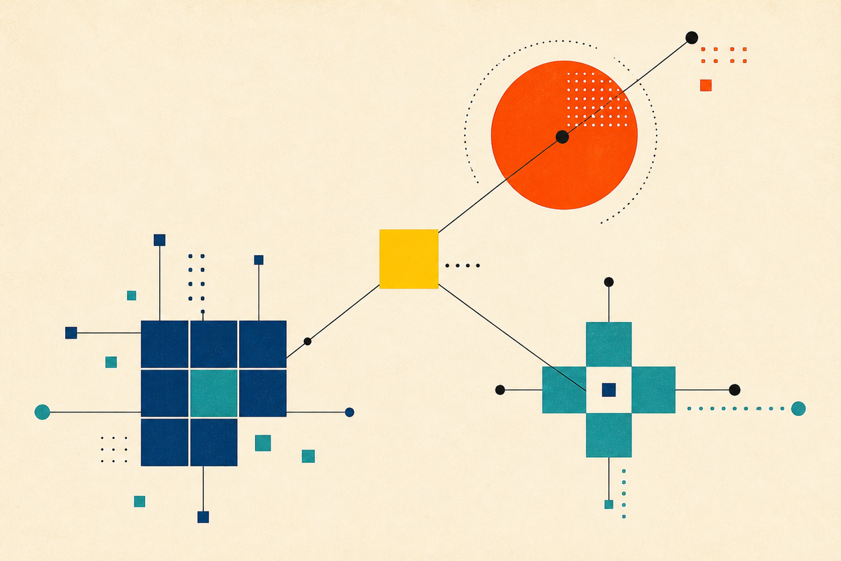 Abstract Swiss-style geometry connecting technology, consumer, and healthcare shapes through a central capital square