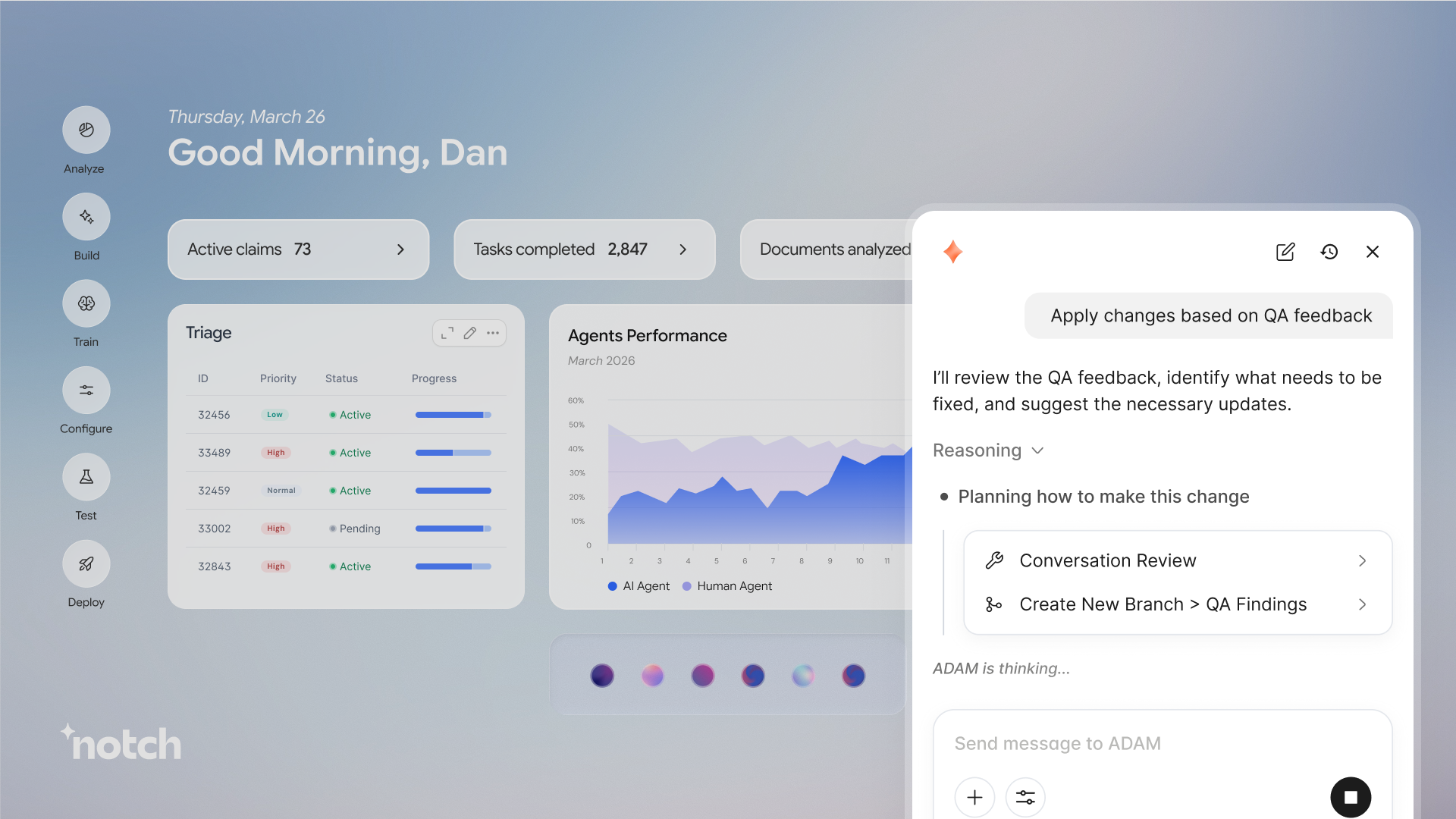 Notch AI dashboard showing a customer conversation and operational controls