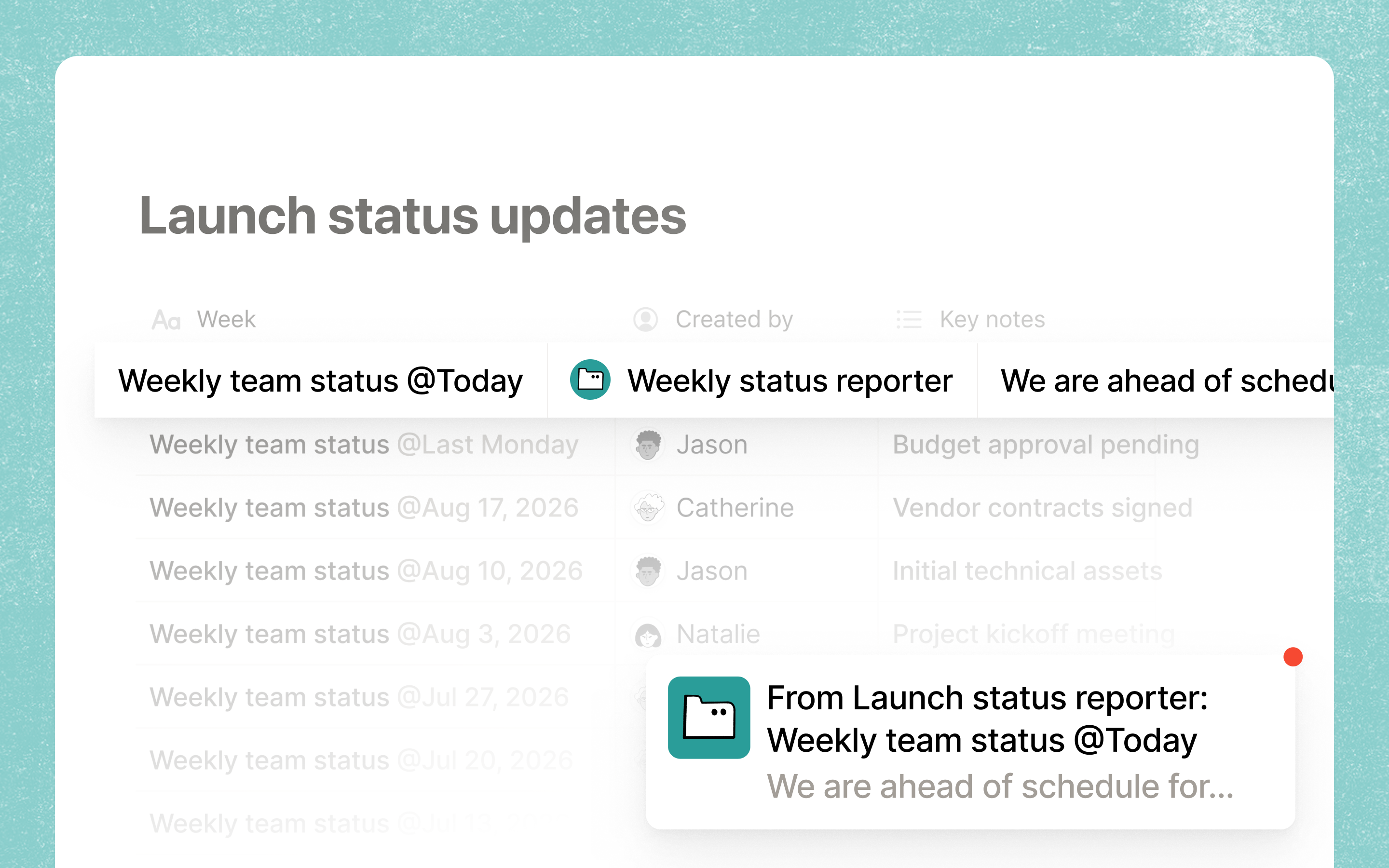 A Notion Custom Agent turning a database row into a weekly launch status report