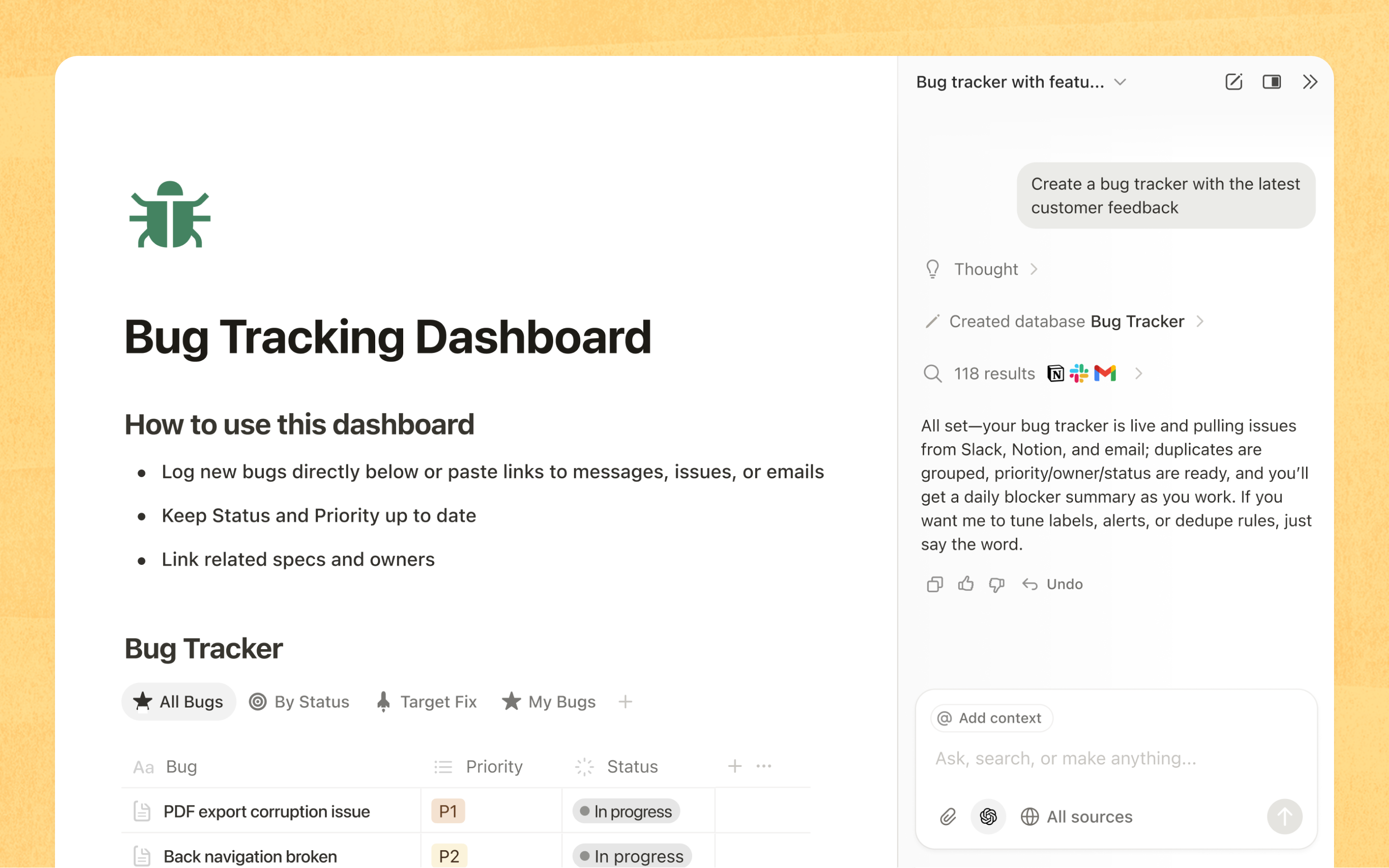 Notion Agent creating a bug tracking dashboard inside a workspace
