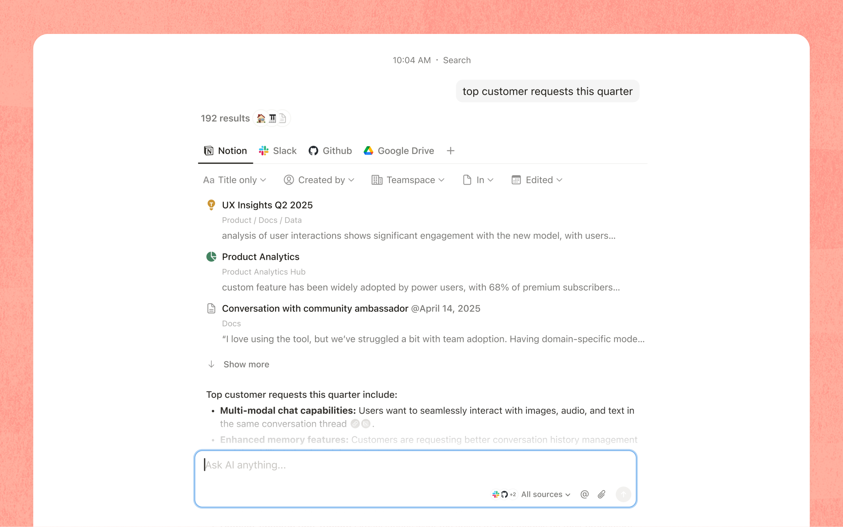 Notion Enterprise Search showing an answer assembled from Notion, Slack, GitHub and Google Drive