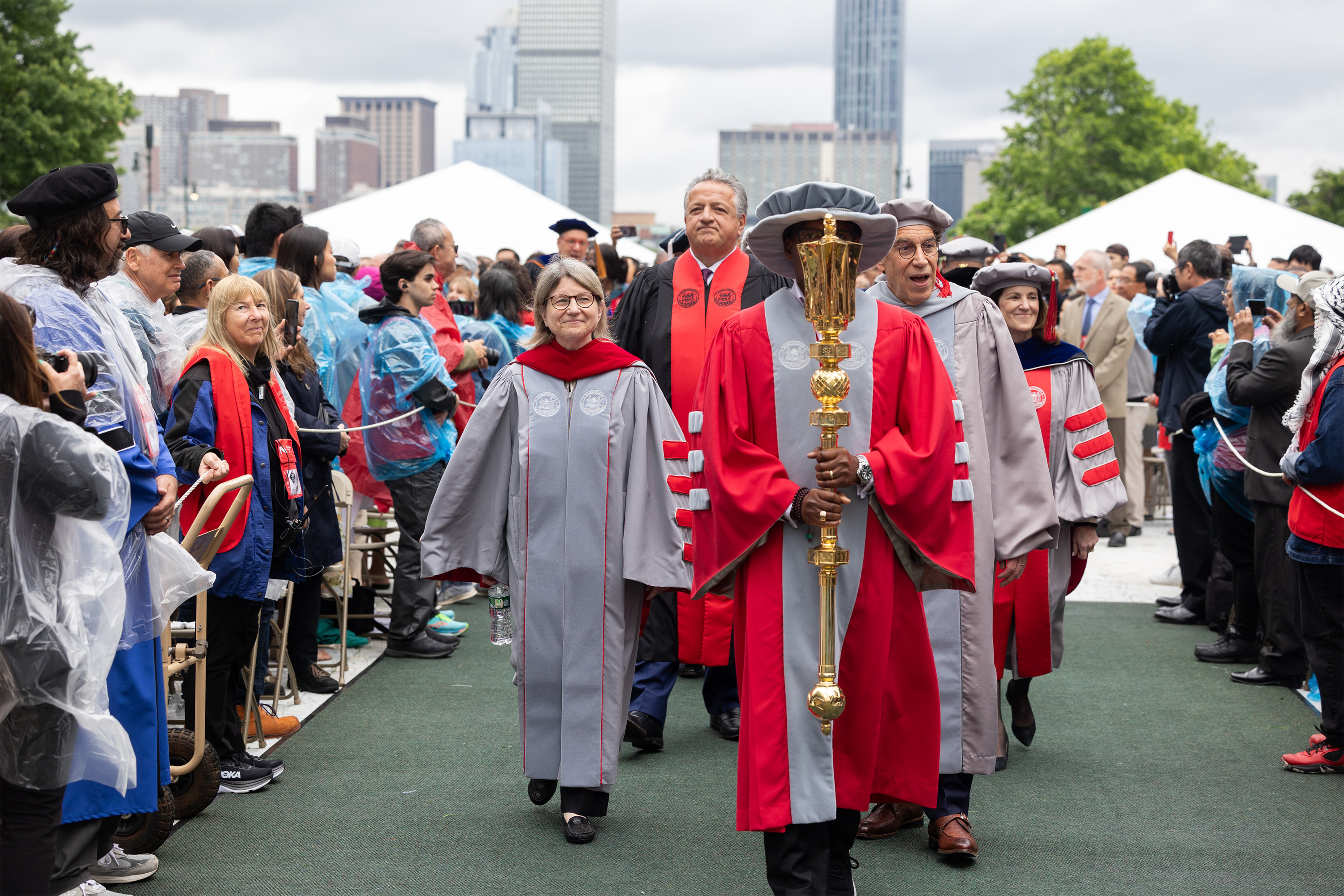 Noubar Afeyan walks behind MIT President Sally Kornbluth in the 2024 commencement procession.