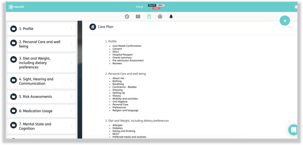 Nourish product screenshot showing a contextual care plan and categories including personal care, diet and communication