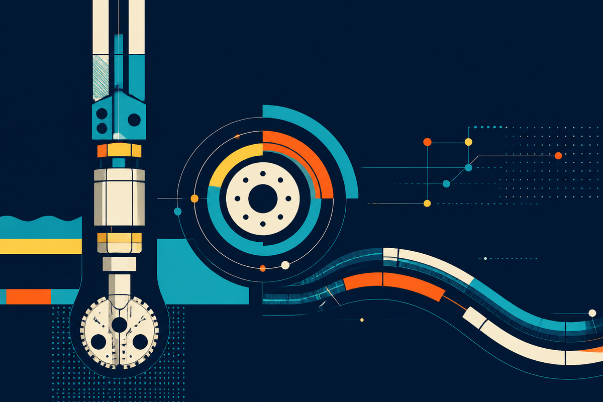 Abstract Swiss-style composition of drilling equipment, flexible pipe and data signals