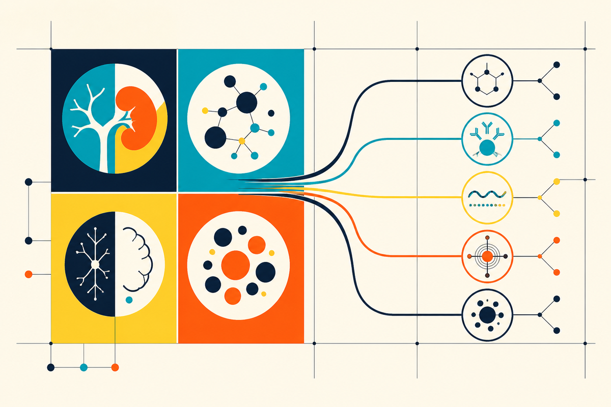 Abstract Swiss-style illustration mapping four disease areas into five medicine technology pathways