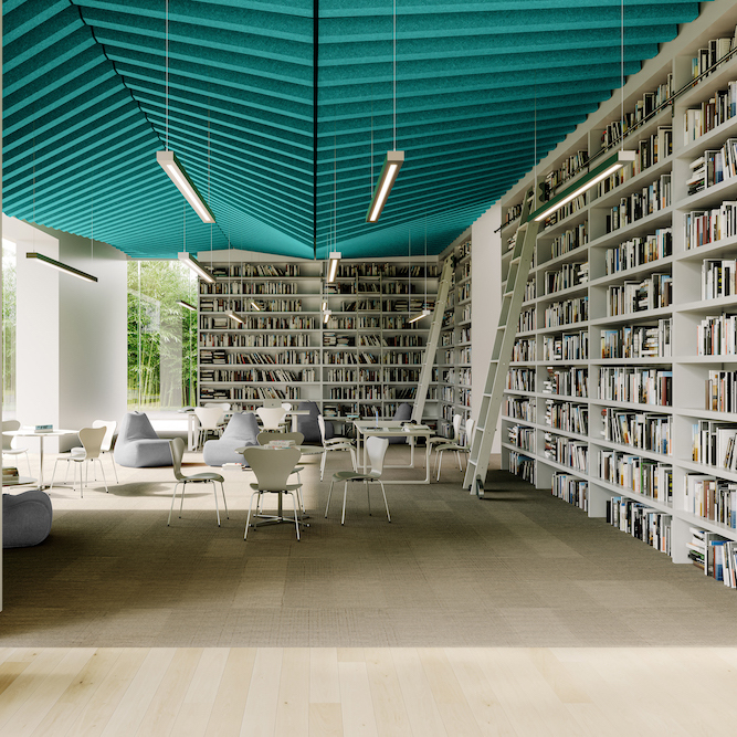 A library interior beneath a teal TURF acoustic ceiling installation