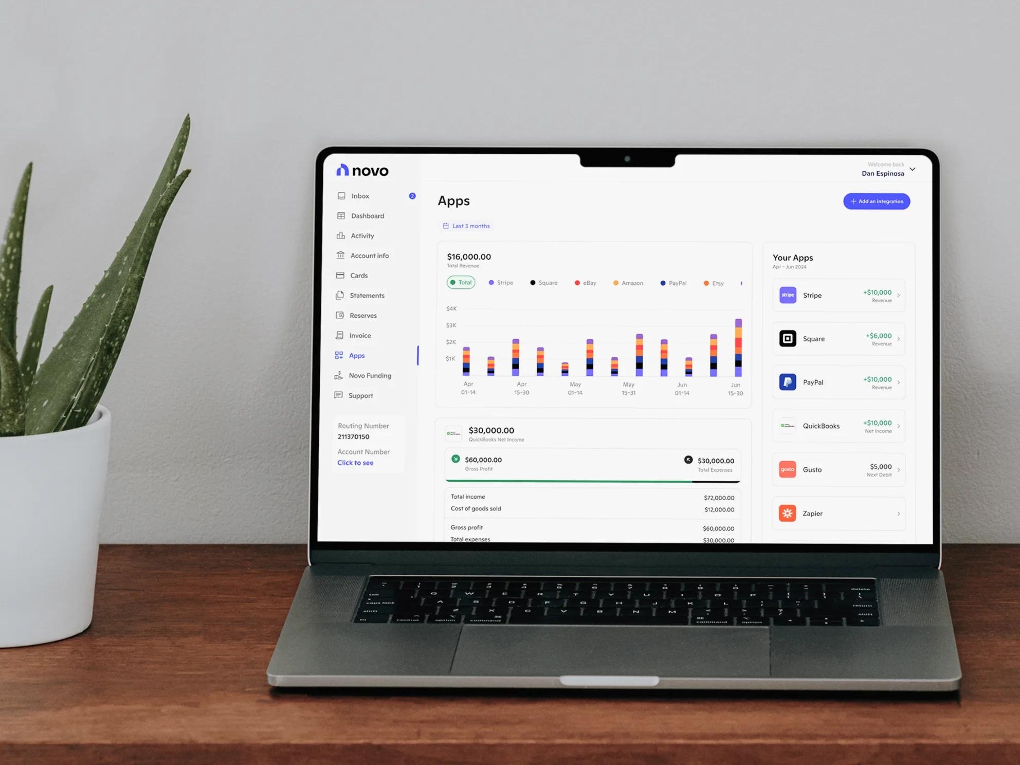 Official Novo Apps interface illustration connecting Stripe, Square, and PayPal revenue