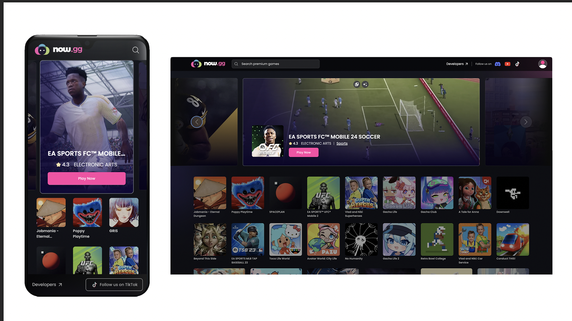 Company product image showing the now.gg game catalog on a phone and desktop browser