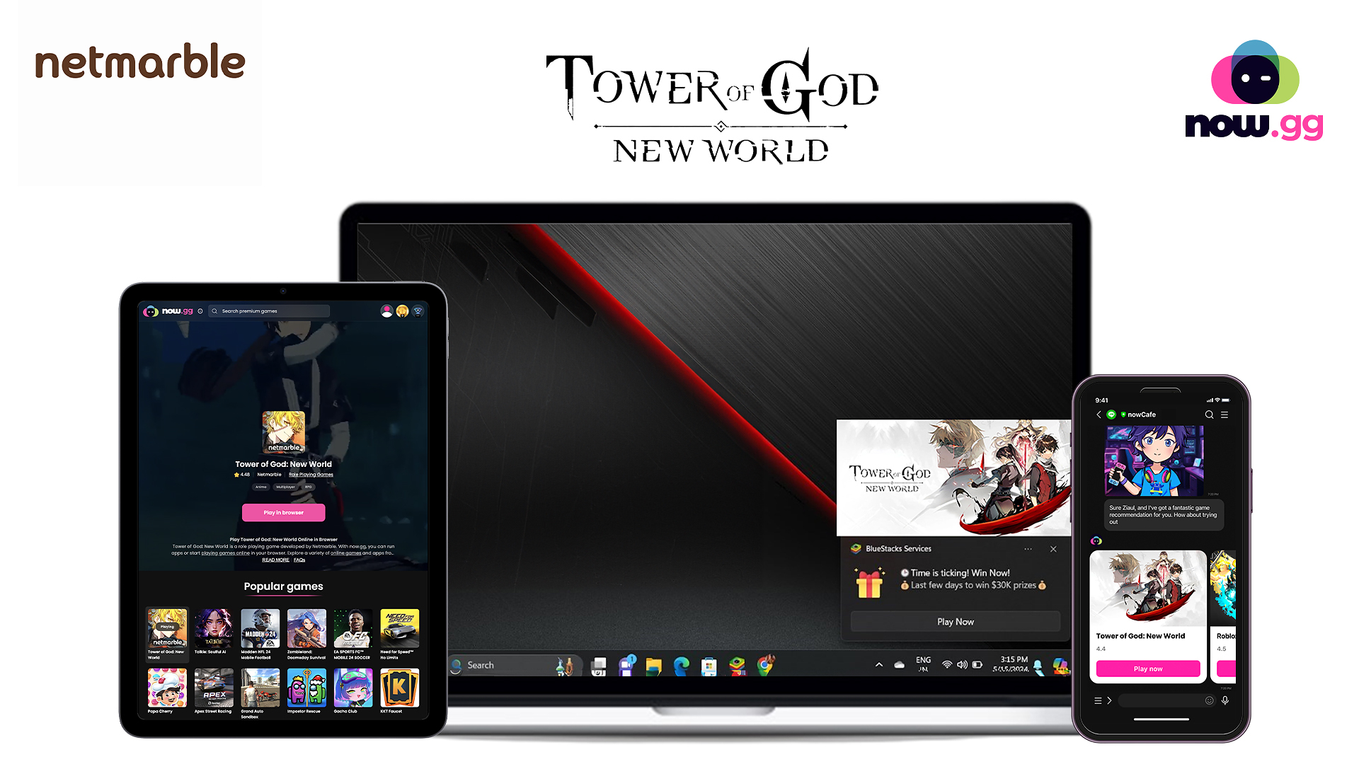Promotional artwork for Netmarble’s Tower of God New World cloud release with now.gg
