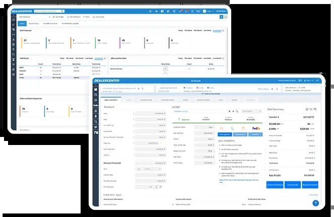 DealerCenter product presentation showing its dealership software across desktop and mobile devices