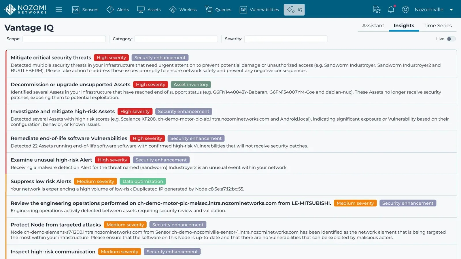 Nozomi Networks Vantage IQ interface showing prioritized industrial security recommendations