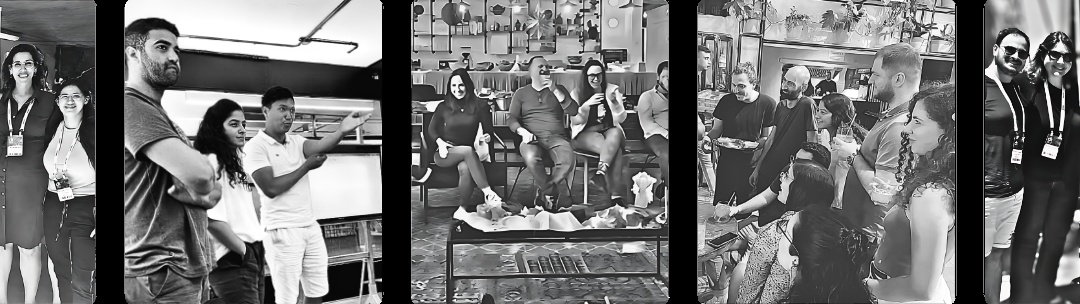 A black-and-white collage of nSure.ai team members at gatherings and events