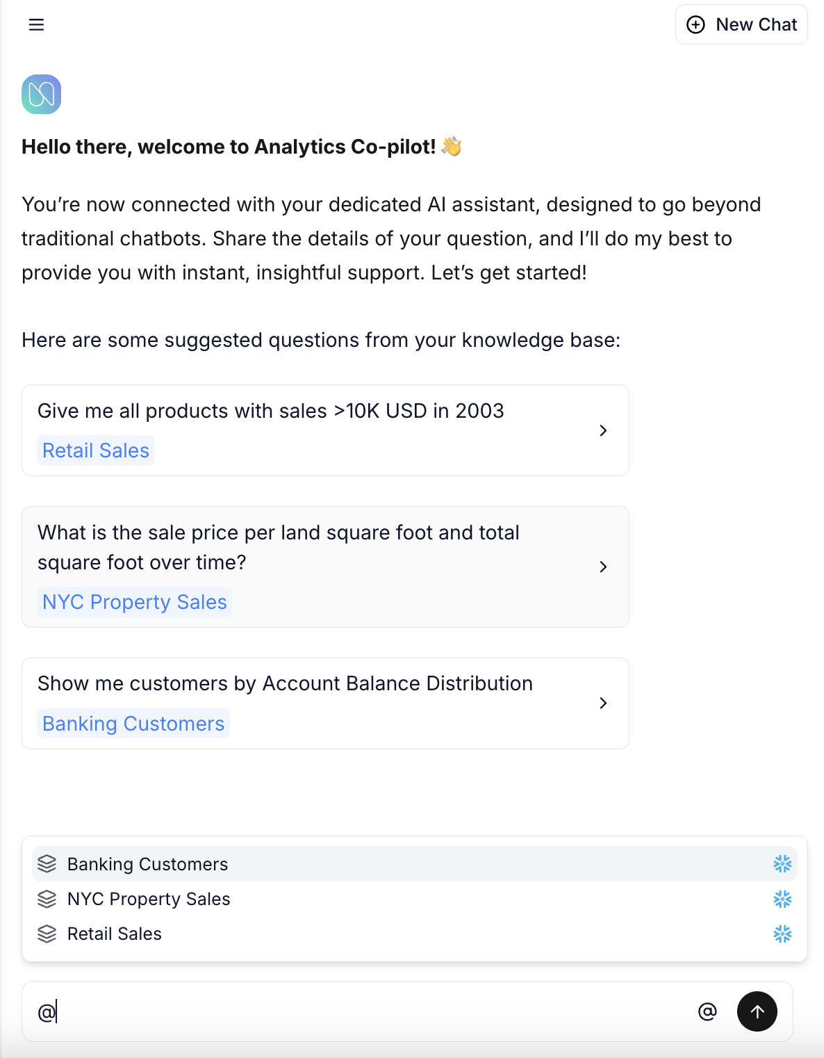 Numbers Station interface showing datasets tagged in an Analytics Co-pilot conversation