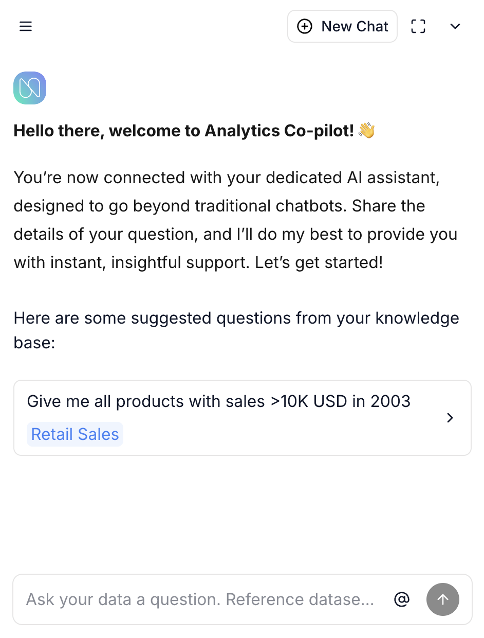 Numbers Station Analytics Co-pilot welcome screen with a suggested retail sales question