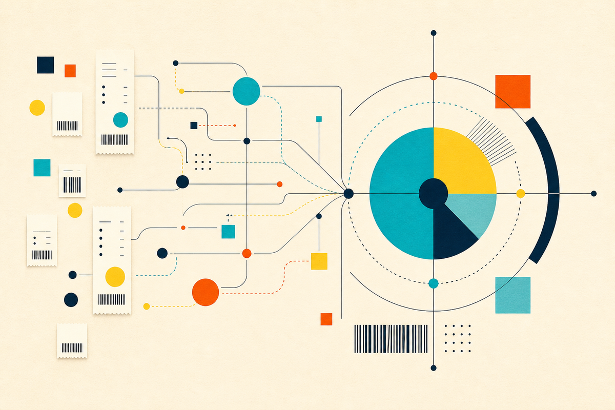 Abstract Swiss-style composition showing receipt forms and data paths converging into a circular market signal
