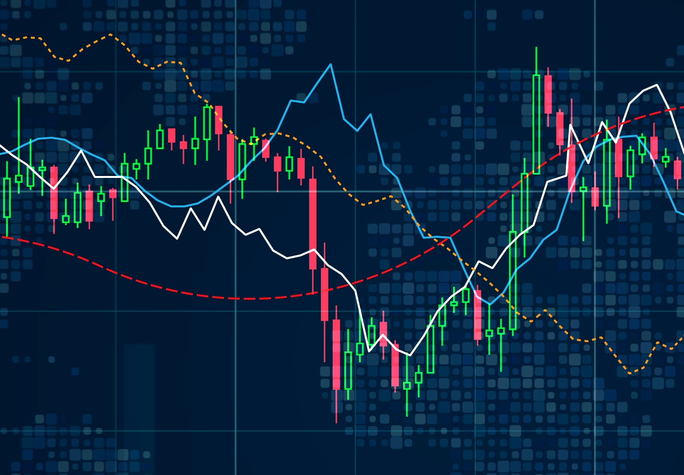 Stylized market chart with candlesticks and risk lines across a world map