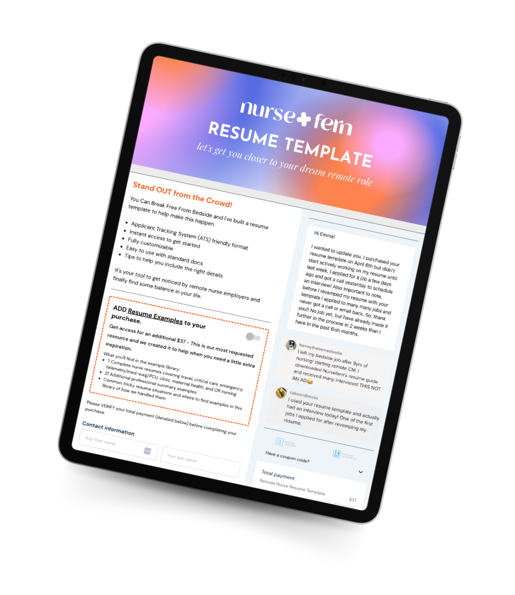 A tablet displaying Nurse Fern’s resume template