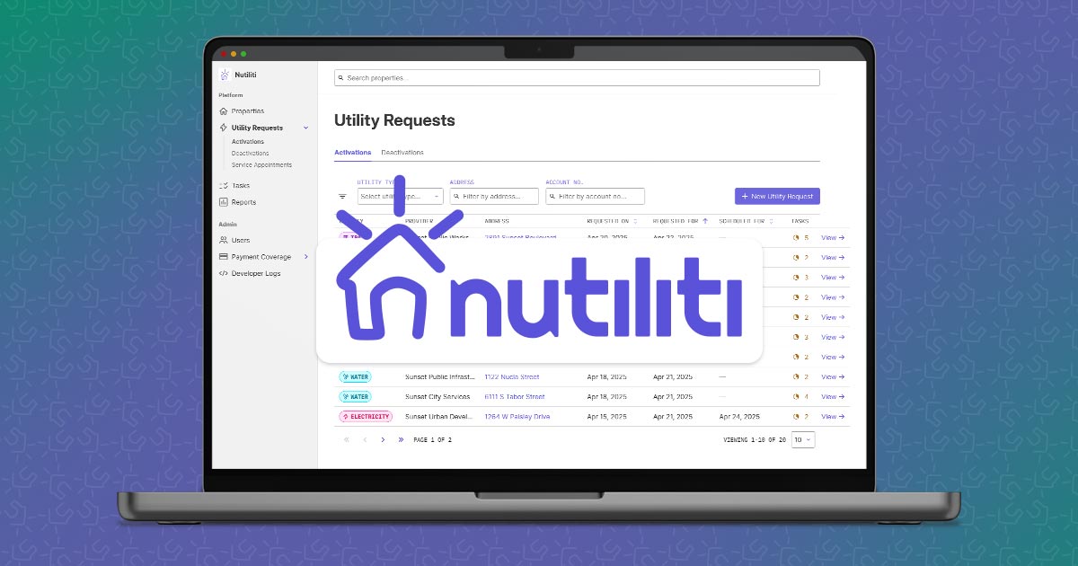 The Nutiliti logo over a screenshot of its utility management dashboard showing utility activation requests