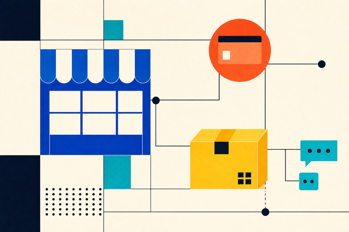 Geometric illustration connecting an online storefront to payments, shipping and customer messages