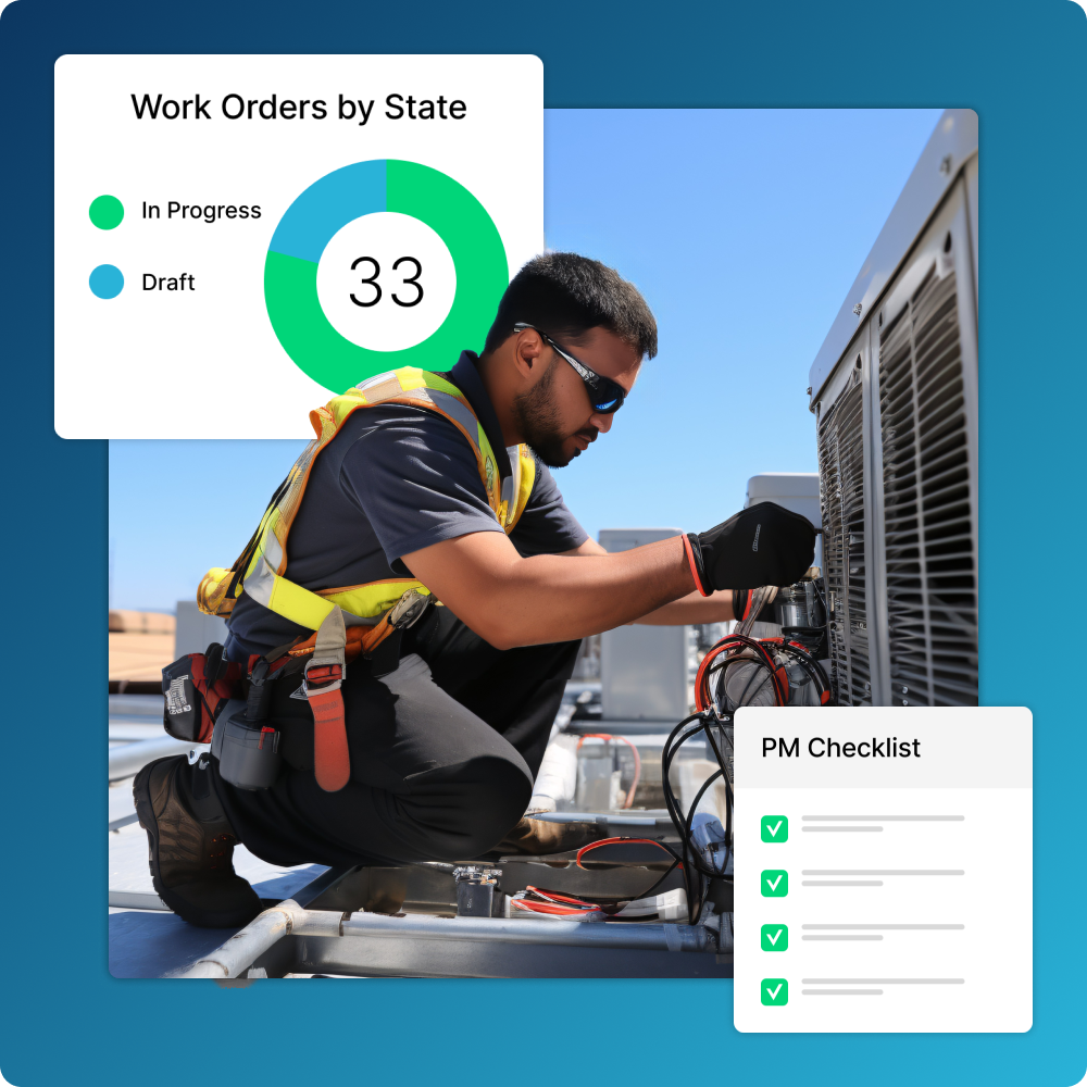 Nuvolo product illustration showing a technician, work-order status and a preventive maintenance checklist