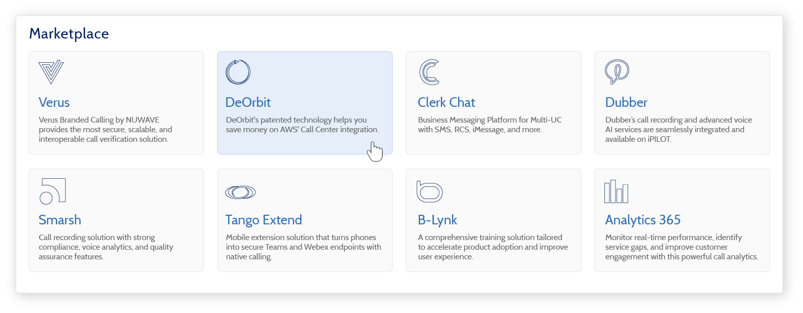 NUWAVE’s published iPILOT Marketplace interface showing service integrations