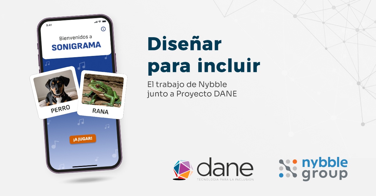 Sonigrama promotional image showing a blue app interface with dog and frog picture cards