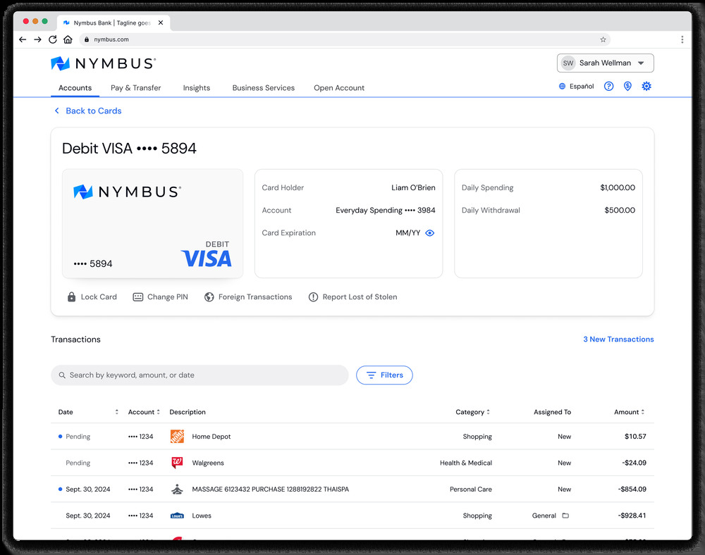 Nymbus card-management interface concepts across desktop and mobile layouts