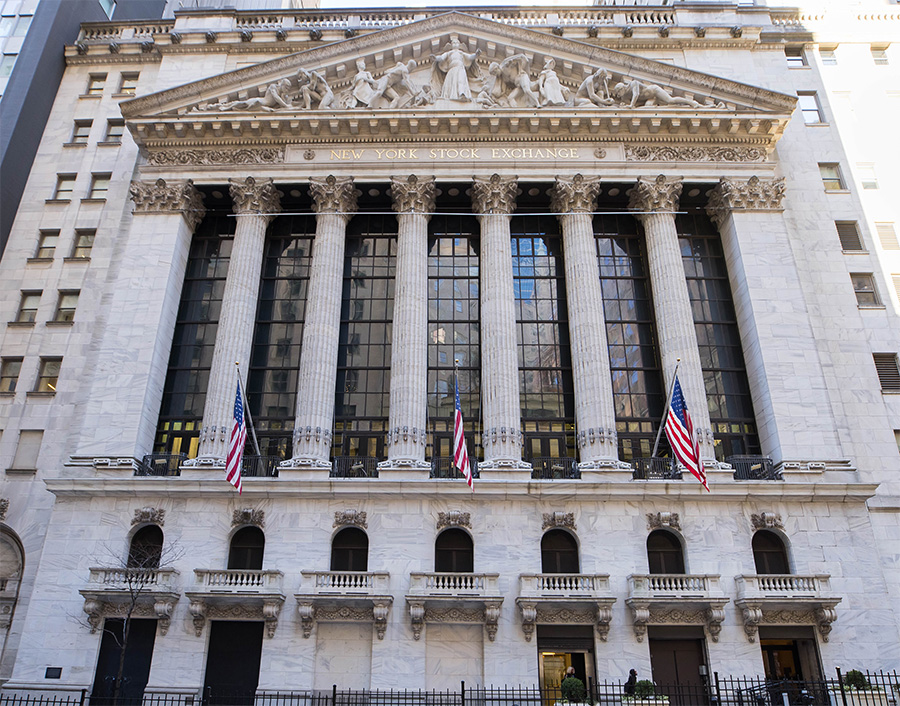 The columned facade of the New York Stock Exchange on Broad Street