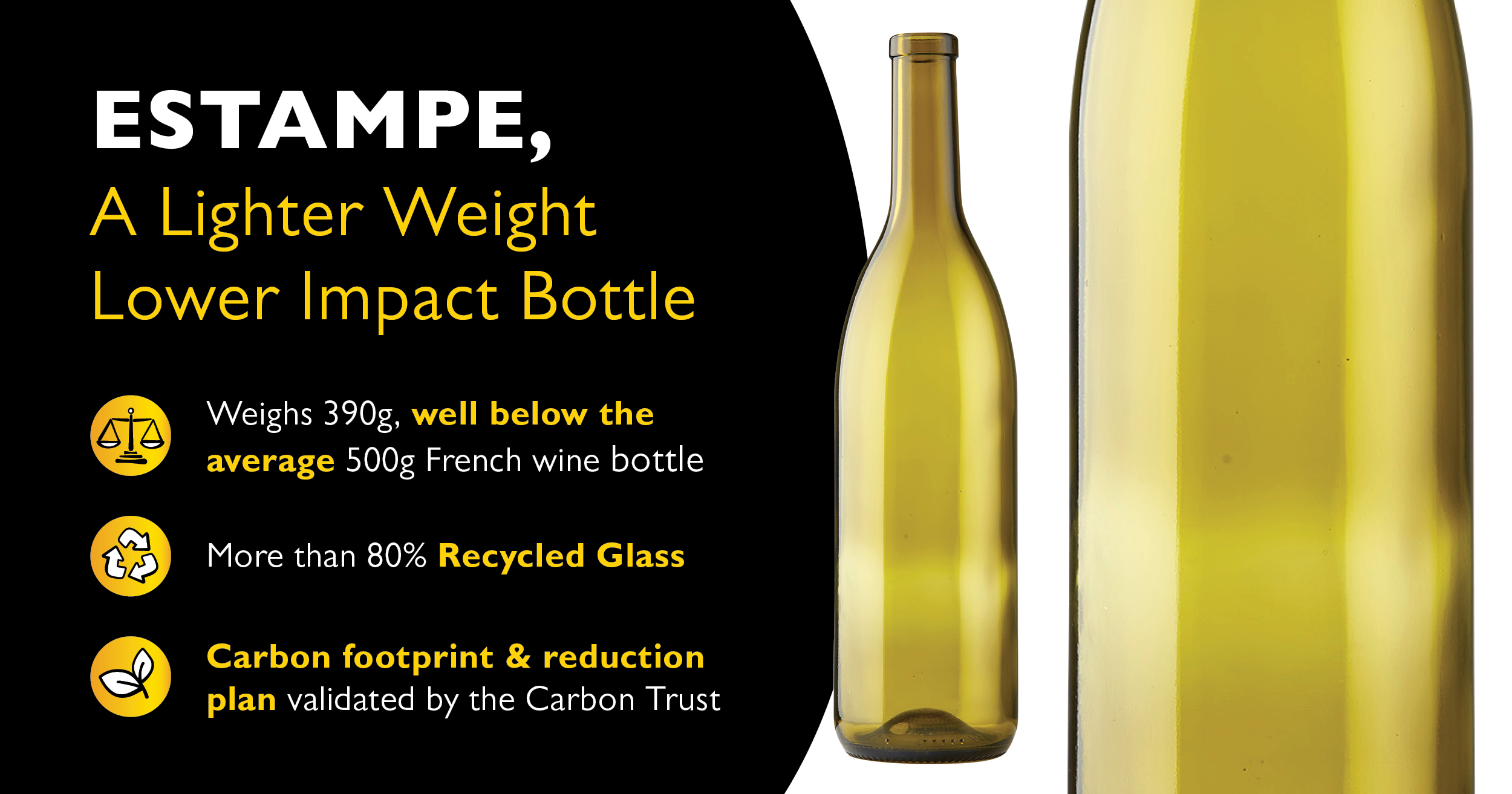 O-I Estampe wine bottle product graphic showing its 390 gram weight and recycled glass content