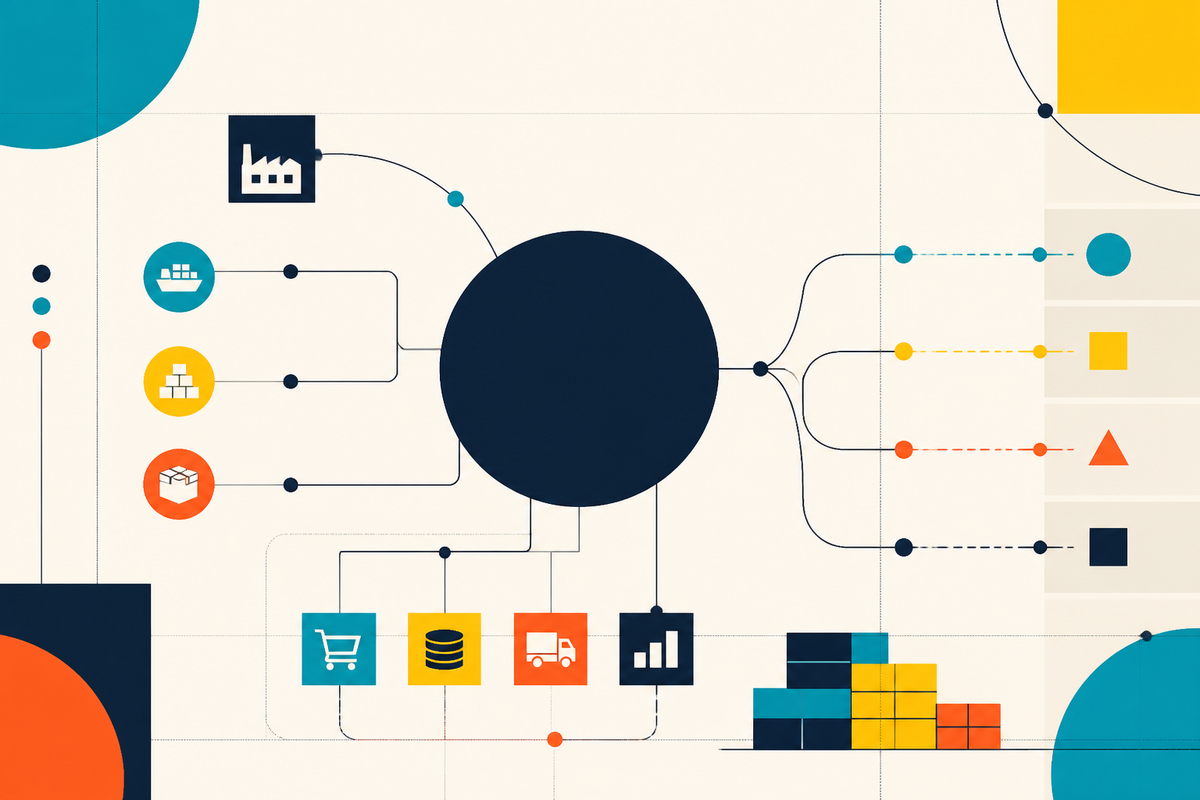Abstract Swiss-style map of an enterprise decision core connected to factories, inventory, transport and commercial outcomes