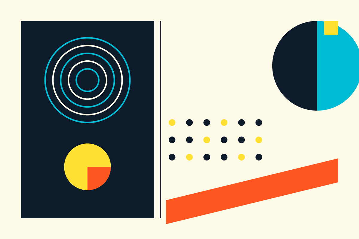 Swiss-style abstract graphic in Oats Overnight's teal, navy and yellow palette