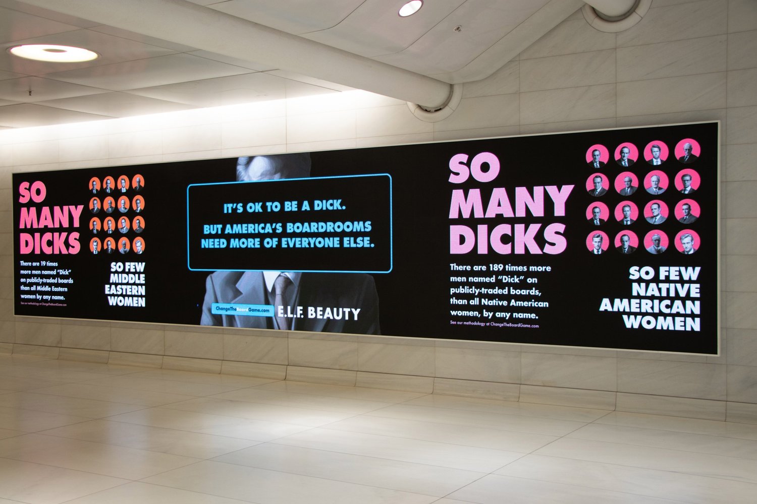 The So Many Dicks campaign for e.l.f. Beauty displayed inside New York's Oculus transportation hub
