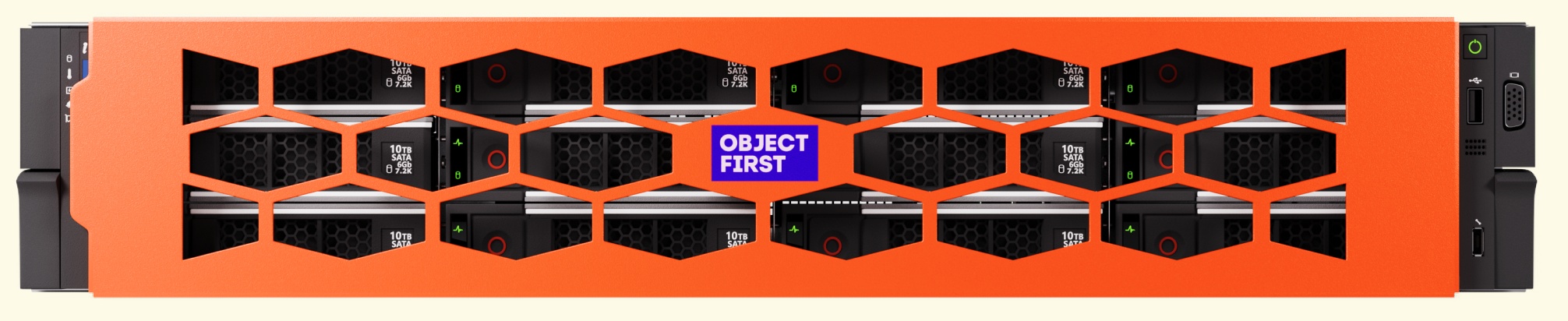 Front view of Object First’s orange-faced Ootbi rackmount backup appliance