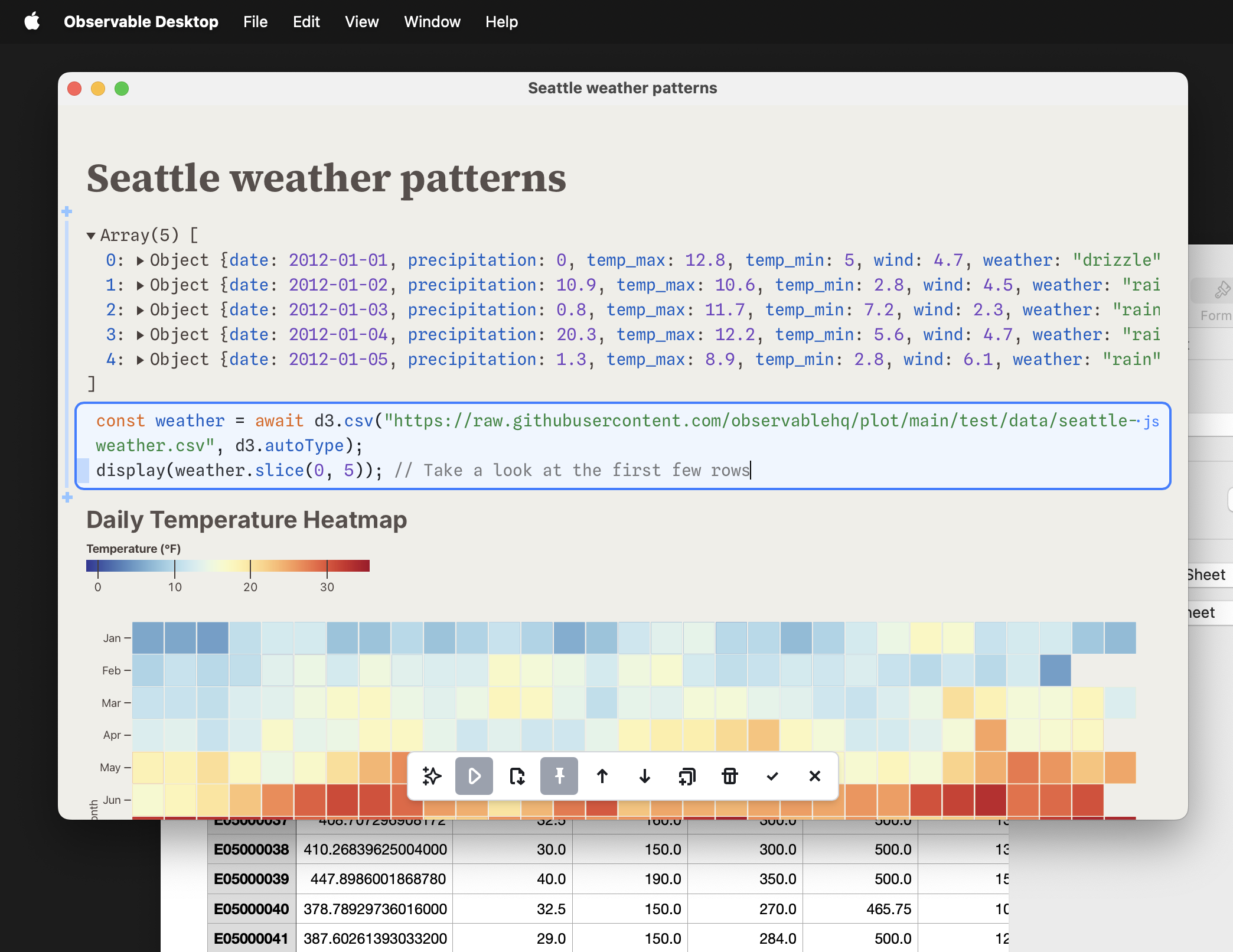 Observable Desktop interface displaying a local notebook with code and visualization