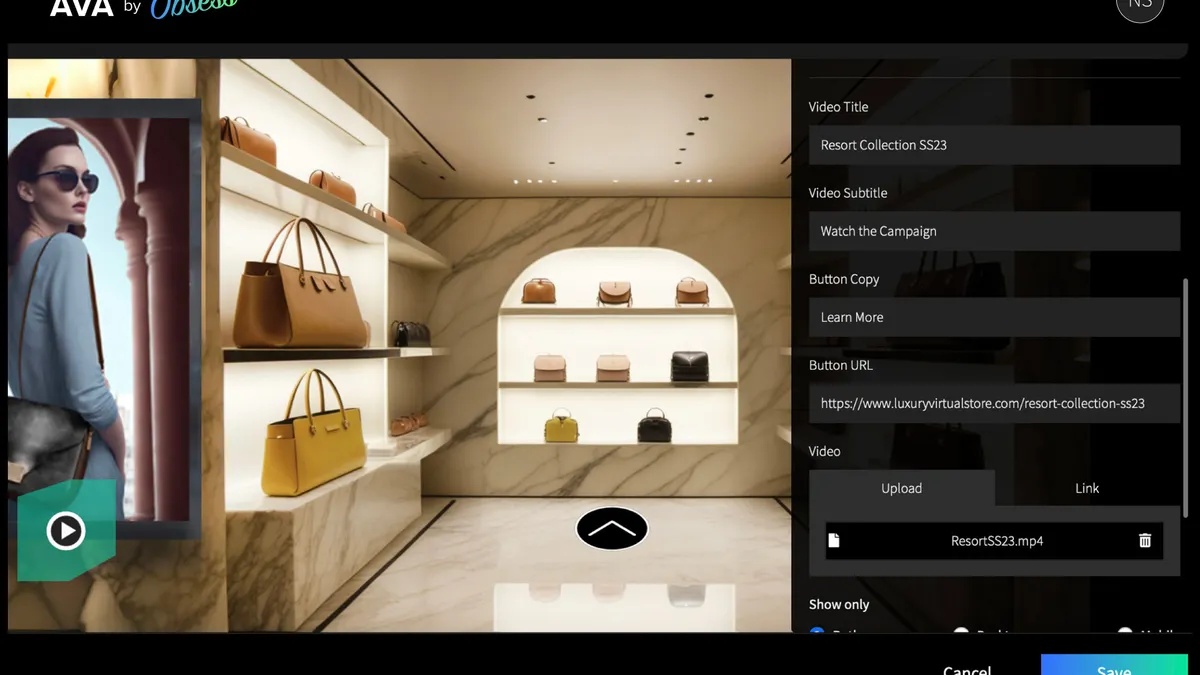 Ava by Obsess editor showing a virtual handbag store and a panel for editing a video hotspot