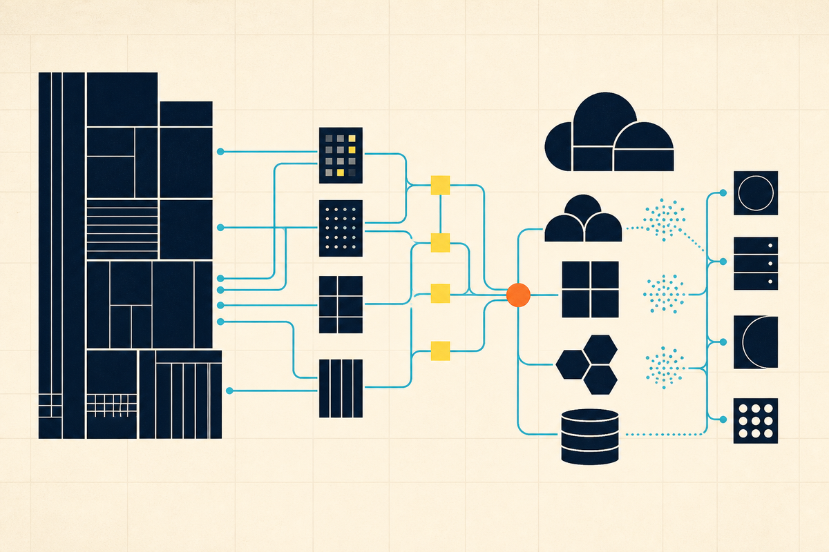 Abstract Swiss-style systems map connecting legacy architecture to cloud, data and applications