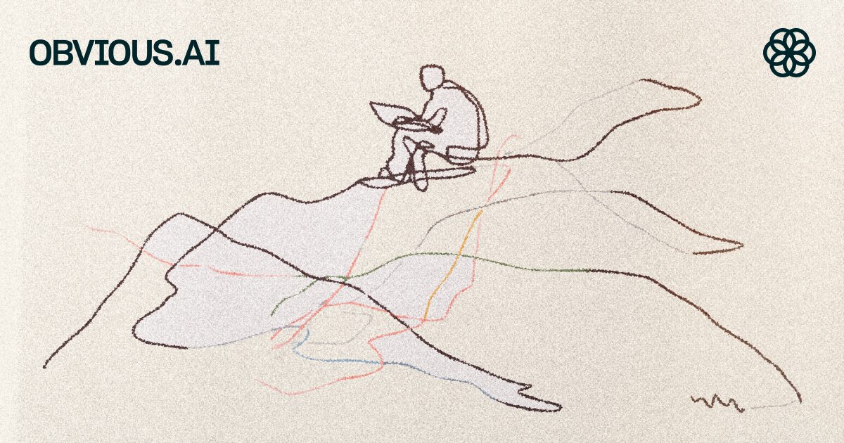 Obvious.ai brand illustration: a person calmly working on a laptop atop a tangle of scribbled lines