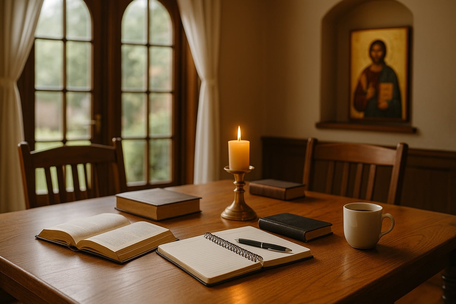 A candle, books, notebook, and mug on a wooden table