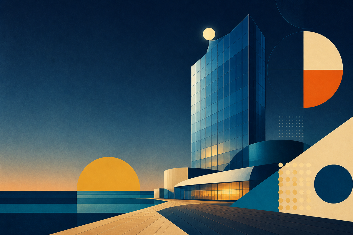 A geometric Swiss-style illustration of a blue glass resort tower beside the Atlantic Ocean at dusk