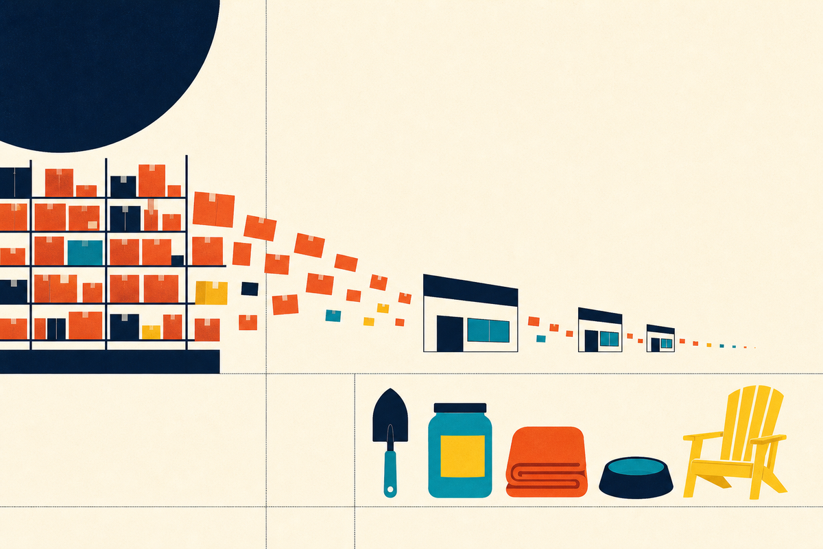 Abstract Swiss-style illustration showing boxes moving from warehouse shelves through stores into household goods
