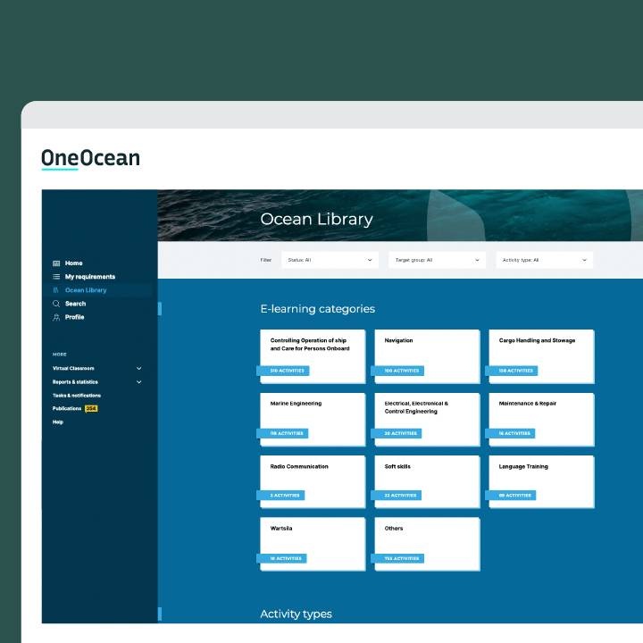 Ocean Learning Platform library showing maritime course categories under the OneOcean brand